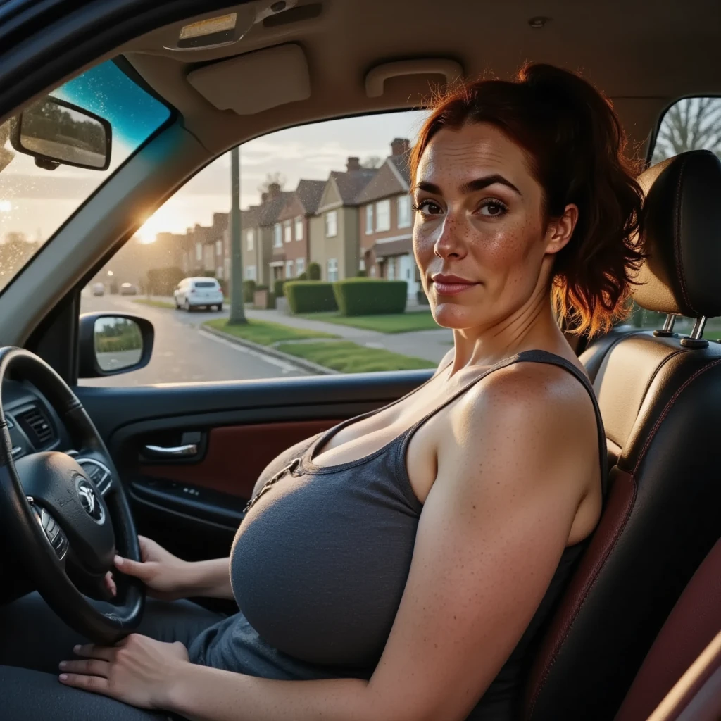 Anne Hathaway fat thick body in a car