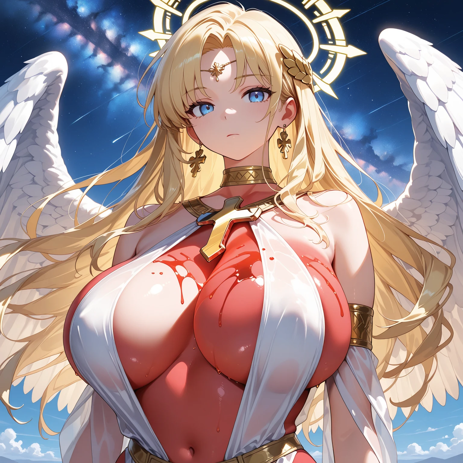 最high quality, high quality, 8K、High resolution,Highest quality、anime、solo、from the front、普通のWearing a white bikini大人のおねえさん,Six-pack、Open Mouth Smile、Gentle Eyes、Blonde、high qualityな青い瞳、Long neck、bare hands、barefoot、belly button、maternal、Thighs、Background of a room with a chandelier、Standing with correct posture、Angela White、Wearing a white bikini、Majestic angel all over the body, animeの女神, Angela White, Epic pose,Wearing a white bikini美しく魅力的なanimeの女性, Huge and stunning goddess shots, Angel Knight Girl, Female angel, She has angel wings on her chest, Highly detailed goddess shot