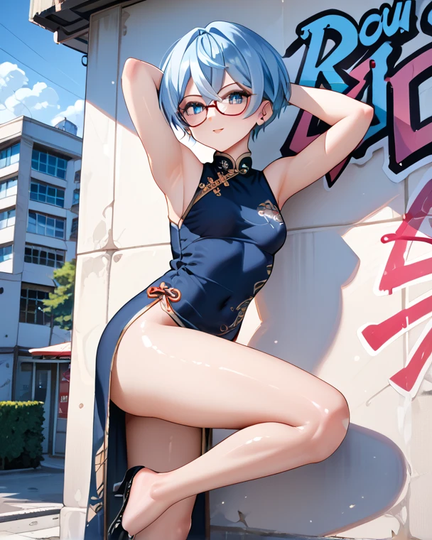 A Female robot is sleeping in forest, spread legs, nude, banzai pose. she does not wear any dress. She has black short hair. She lifts up the under hem of her white plain dress, leaning over, masterpiece, mature, android, blue eyes, full body figure, Height: 160cm, flushed cheeks, 2020s anime picture, A beautiful female robot , No NSFW, whole body, barefoot, archaic smile, getting orgasm, 25 years old, sweat bucket. She wears silver metal flamed glasses. 
She can move while doing a handstand.