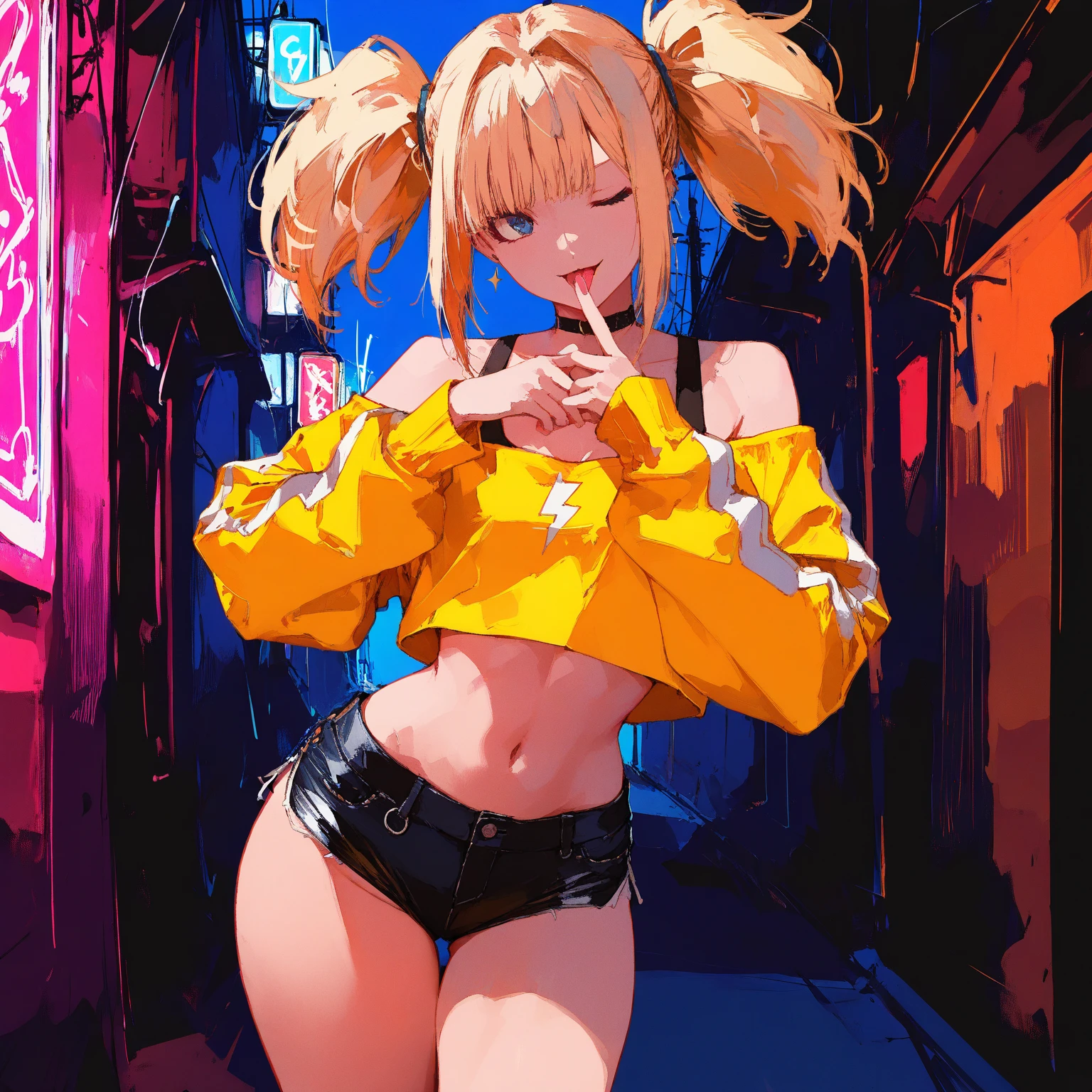 1girl, (((bimbo))),hoop earrings, big puffy lips, painted lips, thick lips.
Blonde hair, short twintails, grumpy, wide hips, thick thighs, perky breasts, bursting breasts, Nightlife, Night city, Cyberpunk city, futuristic cityscape. Neon lights, (skyscraper:1.1), Tokyo tower, palm tree, cloth sign, ramen stall, night club. bright city lights, exotic car. alcohol, bar, ramen, soup stall ,alcohol bottles, stomach blush, overflowing breasts, rounded stomach, pubic tattoo, word underbelly tattoo, cameltoe, gym shorts, sexy dolphin shorts, low hanging shorts, slutty yellow jacket, vagina liquid running down between thighs, no panties, pussy juice in between thighs, legs slightly apart, ruler tattoo, ruler tattoo with heart on top, pants fly open, covered nipples, hearts around stomach, hearts in groin, see through camisole, black camisole, from side, looking at viewer