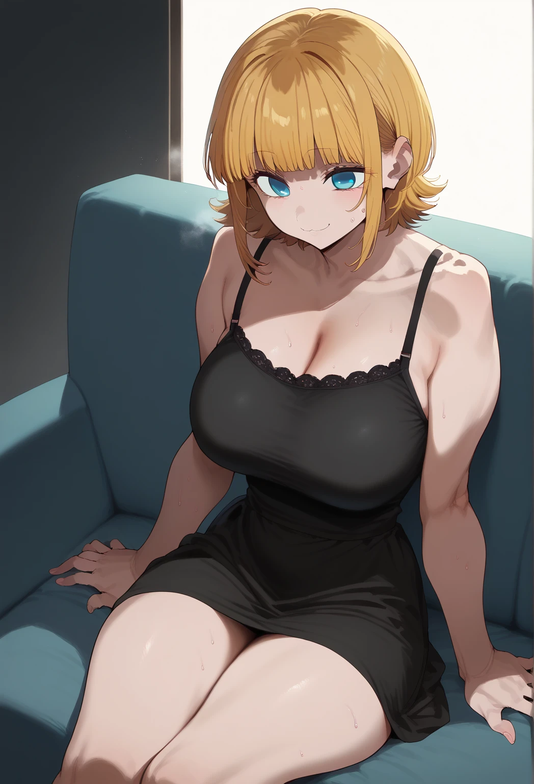 ((highres)), Masterpiece, high quality, best quality, beautiful, perfect lighting, detailed face, ultra cute face, cowboy shot, (((1girl))), ((solo)), seductive smile, sexually suggestive,
One girl has short messy orange hair, green eyes, freckles, (blush), small breasts, cleavage, (wide hips), (thick thighs), plump belly, bra, panties
Living room, sitting on couch,