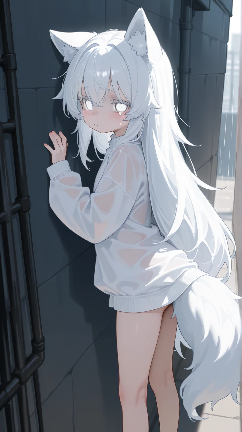 8k, best picture quality, HD precision, no accessories, (1Girl) looking at you at the door, white sweatshirt, no pants, white stockings, long hair and double tail, silver hair, blue eyes, slightly flushed face