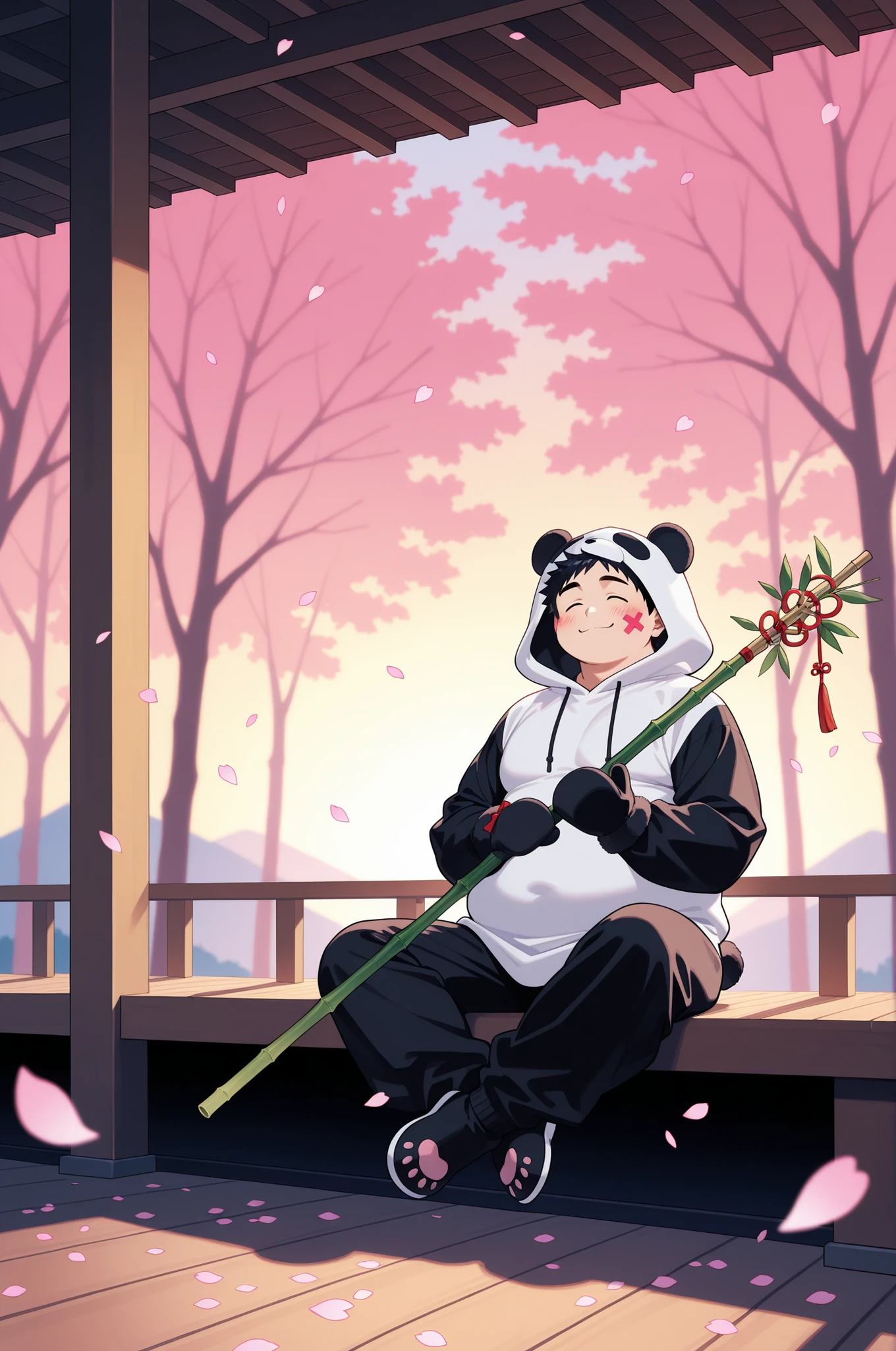 ultra-detailed, vivid colors, absurdres, aesthetic, cinematic lighting, BREAK Adult, 1boy, chubby, wearing a fluffy panda kigurumi, round face, smiling warmly, sitting cross-legged on a wooden porch, cherry blossom petals falling, soft sunset glow, holding a bamboo staff, faint blush on cheeks, minimalist background with blurred pink trees, playful pose, oversized hood, paw-shaped mittens