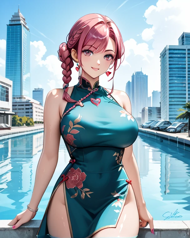 小さなgirl、Glasses、petal、Thick thighs、Big Ass、 (alone:1.5,)Very detailed,Bright colors, Very beautiful detailed anime faces and eyes, Look straight ahead, Shiny_skin,girl,(((long hair、Rainbow Hair, Colorful Hair, Half red、half blue hair: 1.2)))  、Forehead is exposed.、Shiny hair, Delicate beautiful face, blush、(Turquoise Eyes), White skin, Valletta, Earrings,、blue flower field、(((See-through、Pink Chinese dress with star pattern)))、Twin tails、smile、smile、Face dyed red、Strong winds