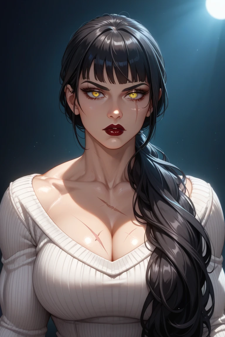 1 girl, (dark skin:1.2), shy, cute, cold expression, (8k, RAW photo, best quality, masterpiece:1.2), (realistic, photorealistic:1.2) (ultra-detailed, Super detailed:1.2), vivid colors, studio lighting, portrait, Yellow coloured eyes, blank eyes, Night clouds background, Aesthetic, romantic, Luna, Vampire, wearing goth collar, black hair, unbuttoned white shirt revealing her chest, smirking revealing her tiny sharp fangs, small chest, scars on chest