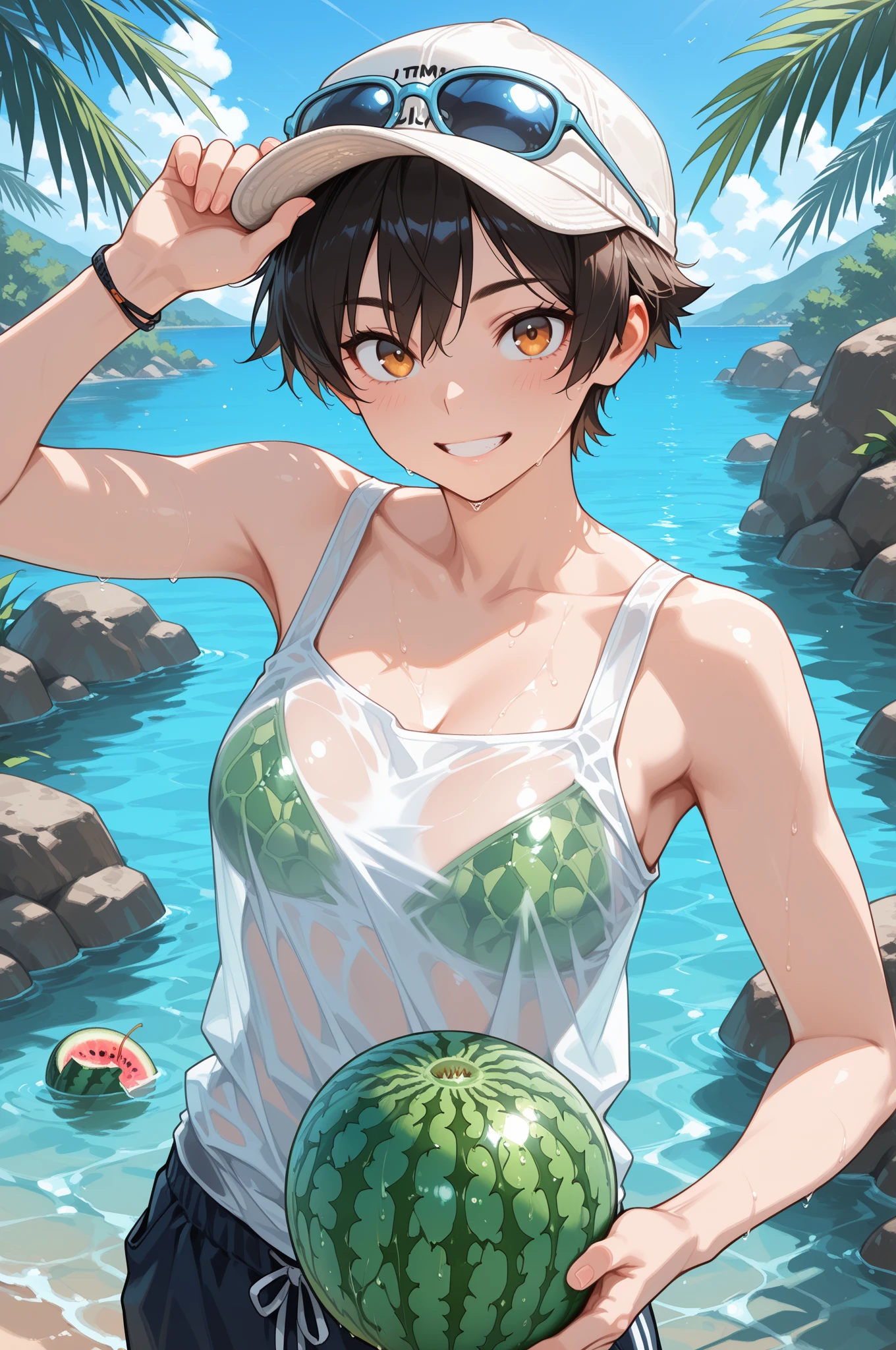、(masterpiece、Highest quality)、Highest quality, Ultra-high resolution, (((masterpiece))), alone, Sweat、Big eyes, Composition from the front、Shortcuts、Embarrassed face、Bronze colored hair、Cut your hair short、Ocean、Beach、Black Micro Bikini、belly button、short hair、(Bronze colored hair)