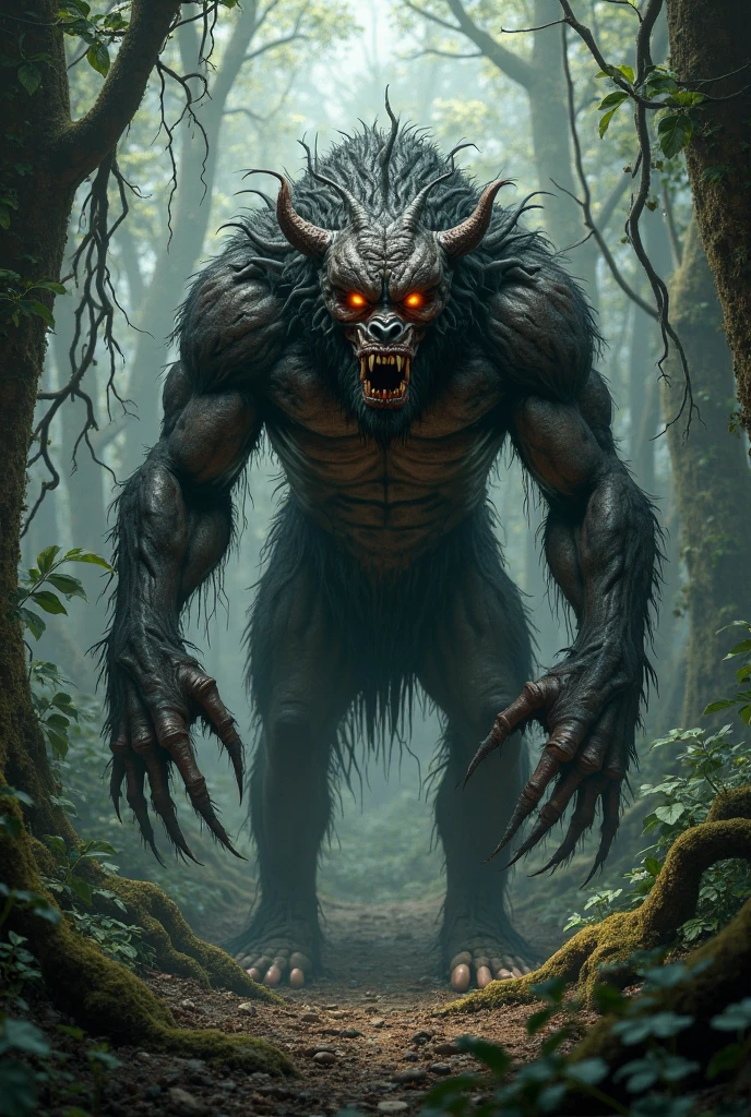 Create an eerie and captivating image of a lone lycan standing amidst a dense, ancient forest. The lycan should possess a formidable and otherworldly appearance, with glowing red eyes that pierce through the darkness. Its body is alien and monstrous, blending bestial features with subtle hints of a supernatural origin.
The forest itself should be portrayed in a dark medieval fantasy style, with towering trees twisted into gnarled shapes and tangled roots that seem to reach out like grasping claws. Moonlight filters through the thick canopy above, casting ethereal shadows and highlighting patches of moss and eerie luminescent fungi on the forest floor.
The atmosphere is thick with mystery and foreboding, as if ancient legends and dark secrets lurk within the depths of the forest. The lycan, a creature of primal instinct and unearthly power, stands as a sentinel in this realm of shadows, embodying the raw and untamed essence of the wilderness in a world where magic and darkness intertwine.