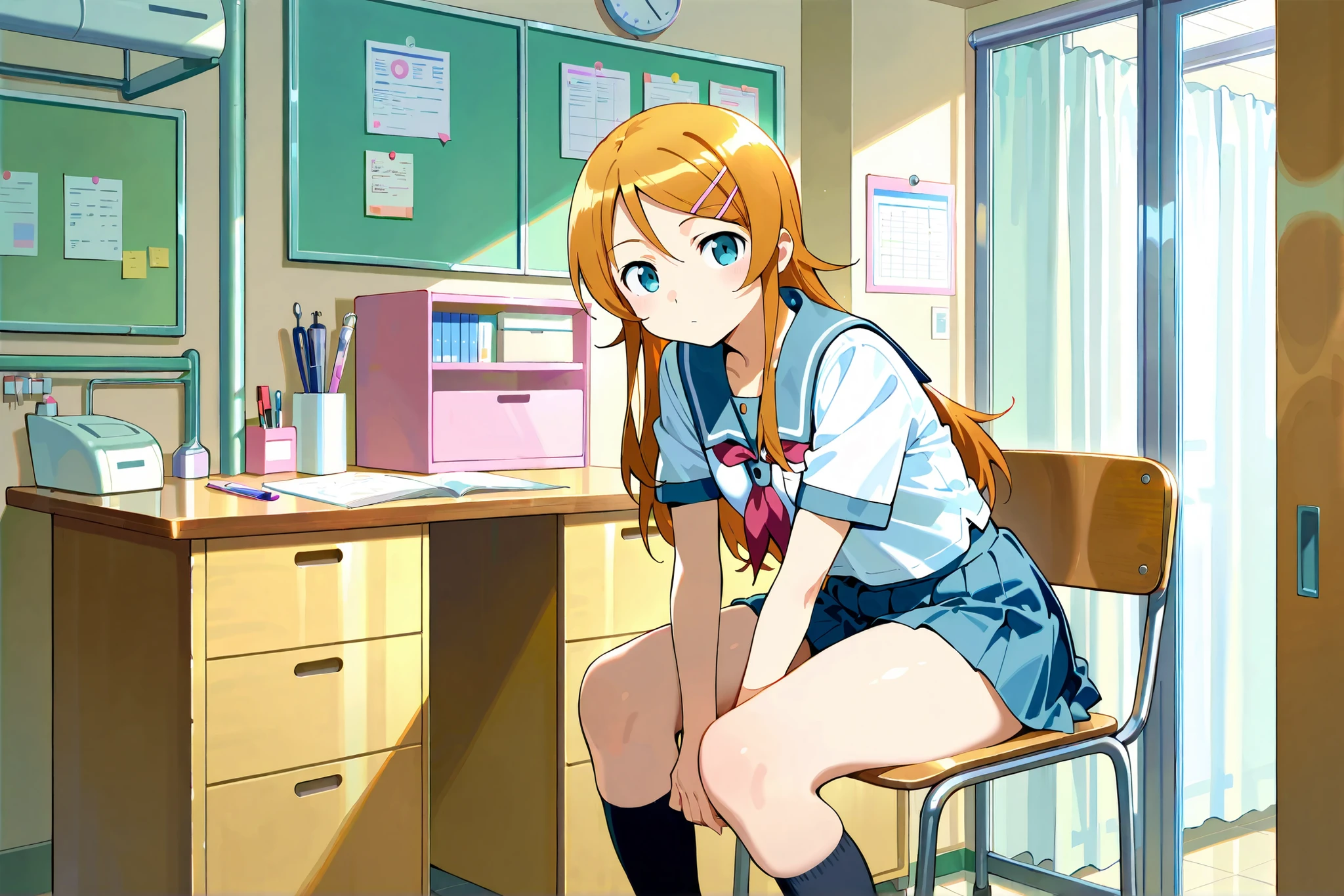 Expressionless kousaka kirino, serafuku, blue pleated skirt,short sleeves, red neckerchief,black socks, infirmary,sitting on chair,thick thighs,looking at viewer