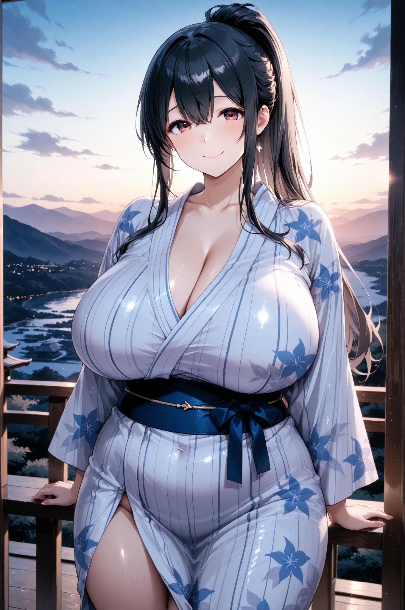 ((masterpiece)), ((best quality)), (ultra-detailed), absurdres, extremely detailed CG unity 8k wallpaper, Official Art, Accurate describe shapes, beautiful face, detailed hands, expressive eyes, upper body, looking at viewer, (realistic), close-up, solo, (festival, night, japanese architecture, dramatic light, scenery, illustration:1.1), (standing, dynamic pose, smile:1.2), (1girl, mature female, milf, motherly, 30 years old, gigantic breasts, curvy, wide hips, narrow waist, black hair, long hair, blue eyes, red lips, japanese:1.4), (blue yukata, long sleeves, wide sleeves, cleavage:1.3), ,((masterpiece)), absurdres, HDR,
