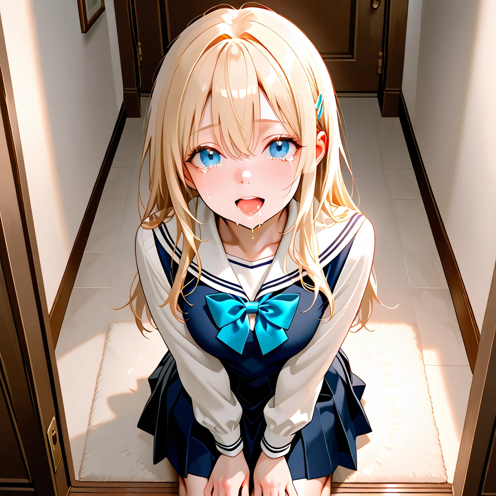 Beautiful long blonde　blue eyes　Embarrassing　Tears are overflowing from my eyes　A girl wearing a long-sleeved sailor suit　Pleated skirt　mini skirt　No underwear　Handjob pov　1boy, 1girl, penis
