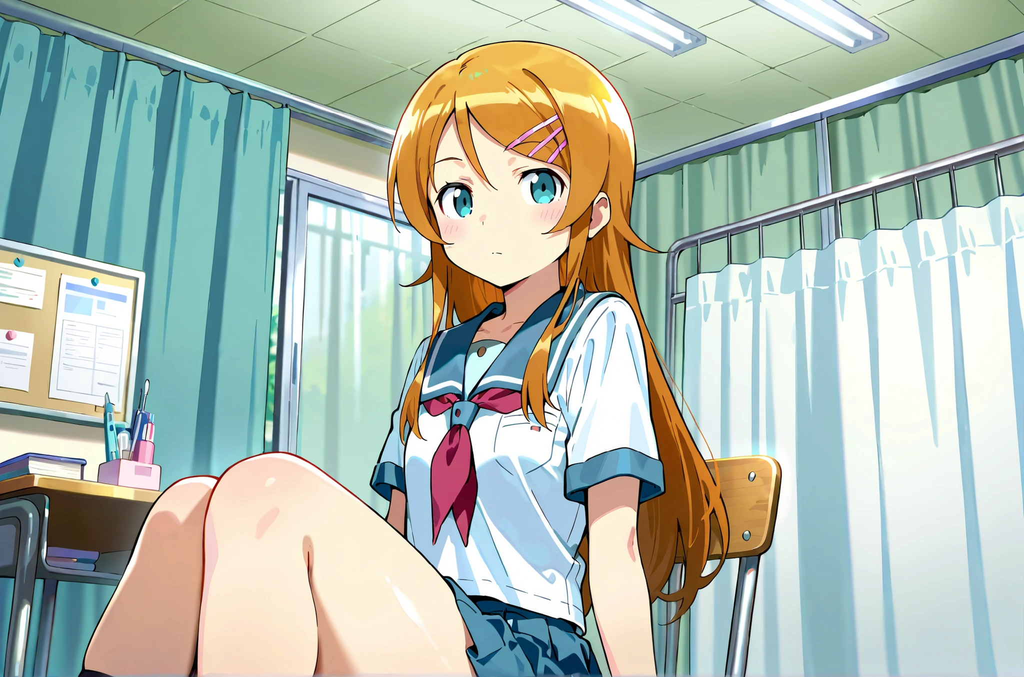 Expressionless kousaka kirino, serafuku, blue pleated skirt,short sleeves, red neckerchief,black socks, infirmary,sitting on chair,thick thighs,looking at viewer