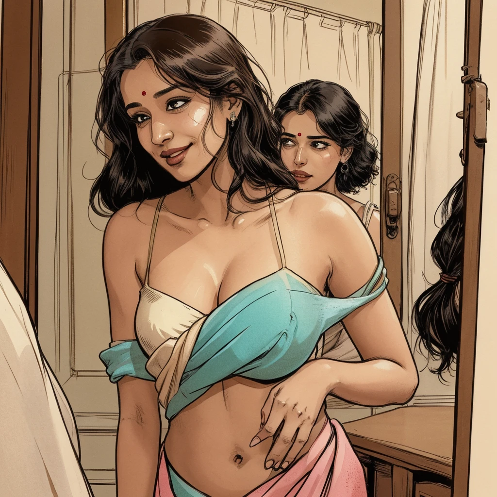 girl in sexy low waist saree, boy kissing her navel