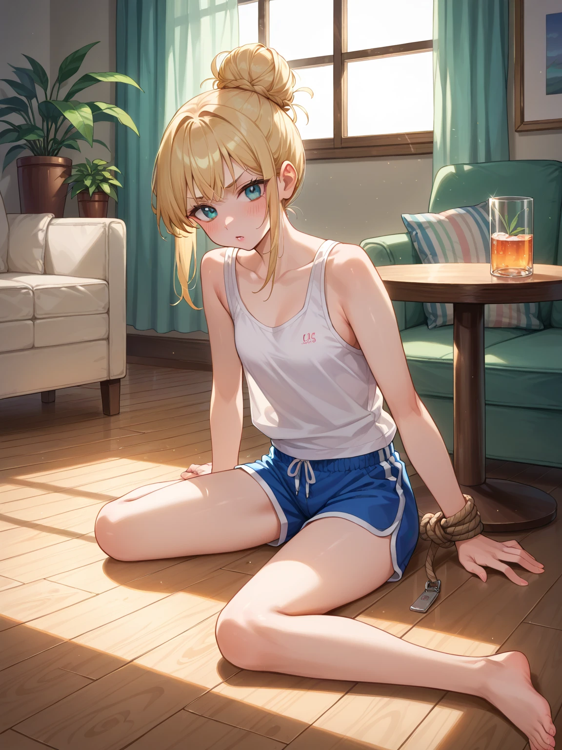 Mordred \(fate\), ponytail, green eyes, braids, smugness, sports shorts, sneakers, white socks, corset, alone, alone, exposed navel, sitting on the sofa, licking popsicles