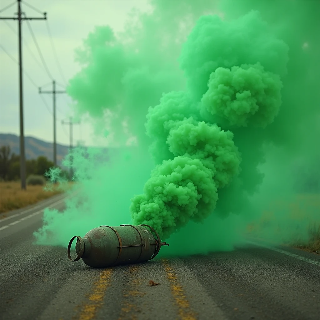 On the highway，Colored smoke bursts upwards from the middle of the road，grain sense，The perspective is correct，Realiy，Photographic works，In the daytime，brightly，No Man