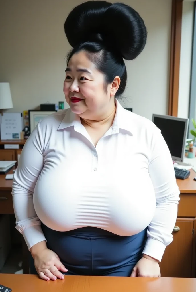 Score_9, score_8_up, score_7_up, score_6_up, score_5_up, score_4_up, beautiful lady, beautiful milf, mature, reality, detailed eye, big black areolae, areola slip, extremely gigantic huge saggy breasts, serious smile, blushing, sleeveless, business shirt, Hairy armpit hair, Showing hairy armpit hair, very sweating, slim, gorgeous accessories, hentai, cute, in crowded office, very hairy armpit hair, hot atmosphere, one hand behind head, gyaru, (midriff baring), hairy, hairy stomach, standing, brown ponytail hair, ((hairy abdominal hair)), office desk, stomach muscles 