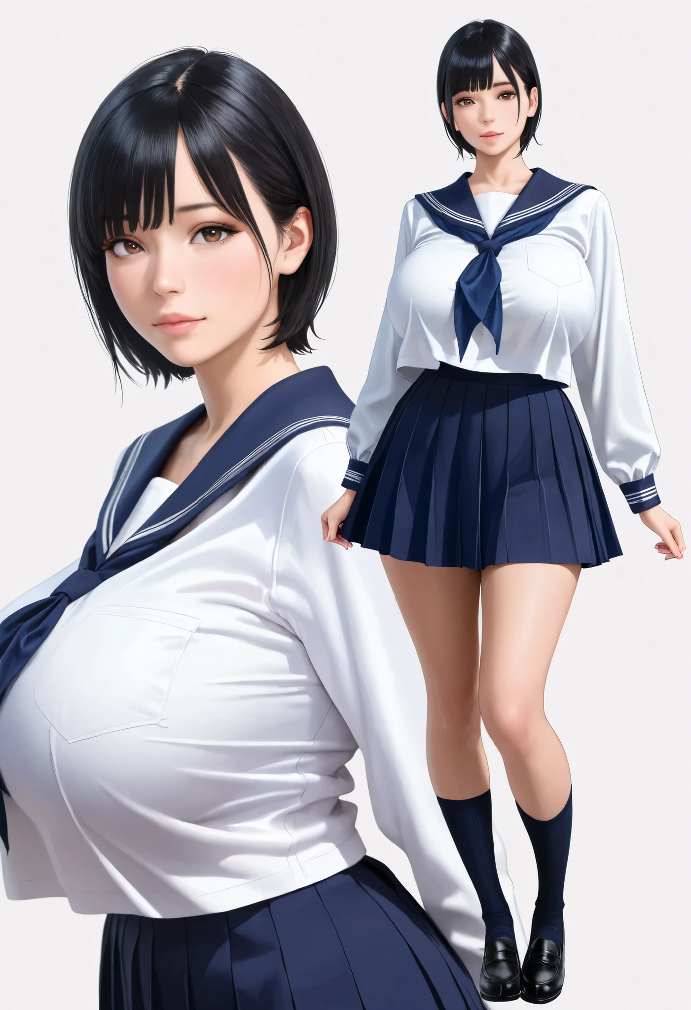 (masterpiece, details, top quality, 8K, realistic, absurd:1.2), Japanese Women, 1 high school girl, beautiful character design, Plain face, (black hair, Boob Head), (big eyes:1.1), 美しくdetailsな目の描写, expressive eyes, brown eyes, Japanese woman who likes to be lewd, No expression, (school uniform:1.2, navy blue sailor skirt), (voluptuous bust:1.1, saggy huge breasts:1.1), standing