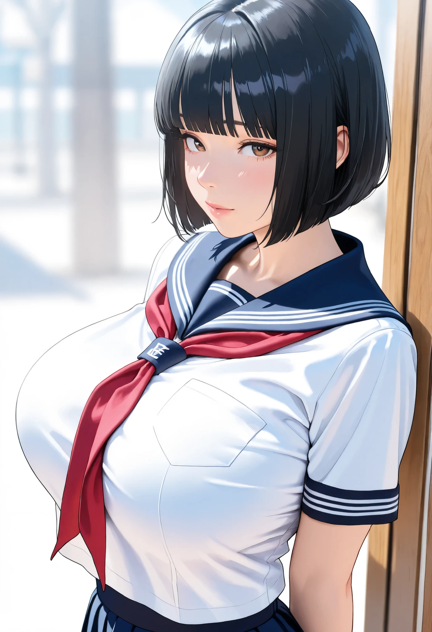 (masterpiece, details, top quality, 8K, [realistic], absurd:1.2), Japanese Women, 1 high school girl, beautiful character design, Plain face, (black hair, bob cut, blunt bangs),  美しくdetailsな目の描写, expressive eyes, brown eyes, Japanese woman who likes to be lewd, No expression, (school uniform:1.2,  navy blue sailor skirt), (voluptuous bust:1.1, saggy huge breasts:1.1), standing