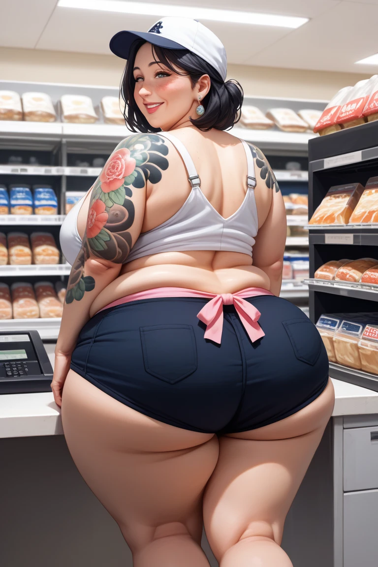 masterpiece, best quality, super detail, 4k, 1girl, (female ssbbw, frilly red top, frilly trousers:1.1), bbw, cute, sexy milf, mature, supermarket, gigantic breasts, heels, long purple hair, extremely wide hips:4.0, massive thighs:4.0, massive calves, massive ass, wide belly, excited expression, aroused, sweaty, (getting turned on, on hands and knees, spilled groceries, she is crawling towards viewer, eyes open, eyes very well defined (high priority), pupils very well defined(High priority)),(her face is close to viewer) , Image in anime style, add detail