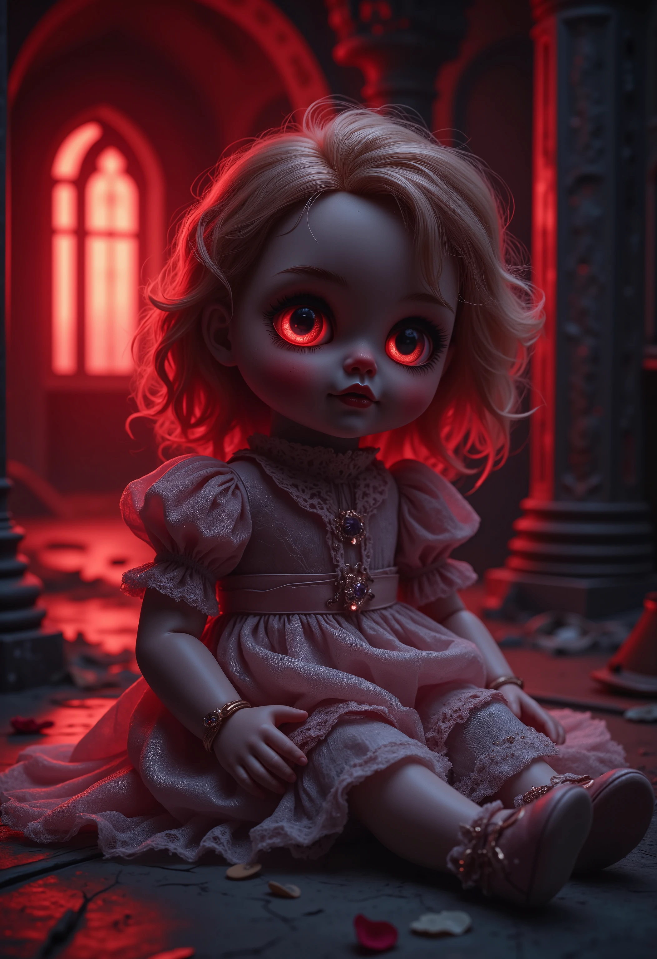 best quality picture of doll, with one glowing eye, on the floor in an abandoned fantasy castle,  red light shines behind one of the walls, the doll wears a glamours dress, wearing doll shoes, dynamic background, vibrant, Ultra-high resolution, High Contrast, (masterpiece:1.5), highest quality, Best aesthetics), best details, best quality, highres, 16k, [ultra detailed], masterpiece, best quality, (extremely detailed), 