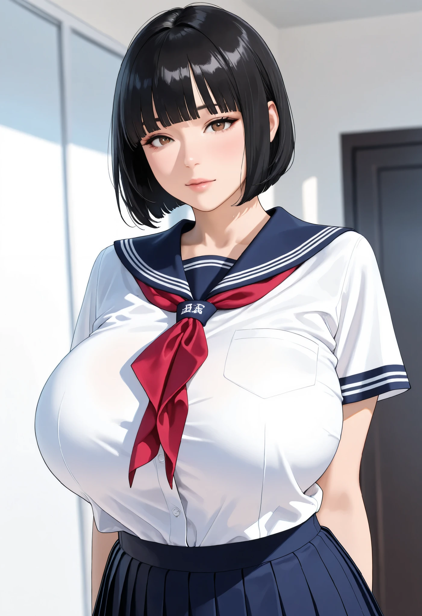 (masterpiece, details, top quality, 8K, [realistic], absurd:1.2), Japanese Women, 1 high school girl, beautiful character design, Plain face, (black hair, bob cut, middle hair, blunt bangs),  美しくdetailsな目の描写, expressive eyes, brown eyes, Japanese woman who likes to be lewd, No expression, (school uniform:1.2,  navy blue sailor skirt), (voluptuous bust:1.3, saggy huge breasts:1.1), standing