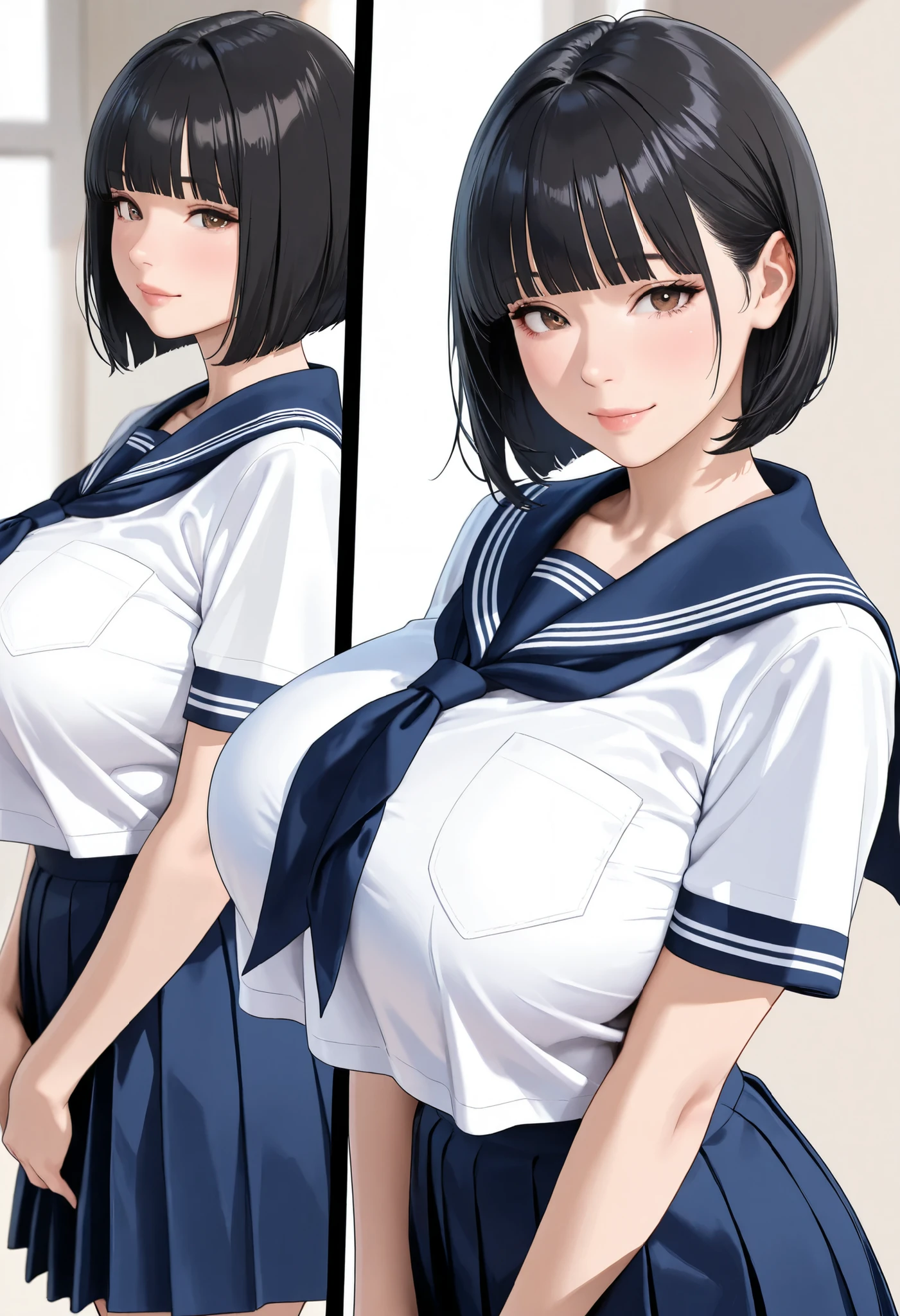 (masterpiece, details, top quality, 8K, [realistic], absurd:1.2), Japanese Women, 1 high school girl, beautiful character design, Plain face, (black hair, bob cut, middle hair, blunt bangs),  美しくdetailsな目の描写, expressive eyes, brown eyes, Japanese woman who likes to be lewd, No expression, (school uniform:1.2,  navy blue sailor skirt), (voluptuous bust:1.3, saggy huge breasts:1.1), standing