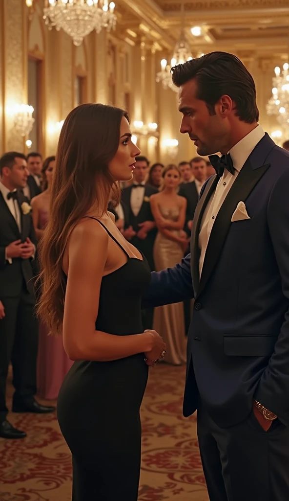Man in formal attire takes the hand of woman in shiny dress and wipes it on his suit