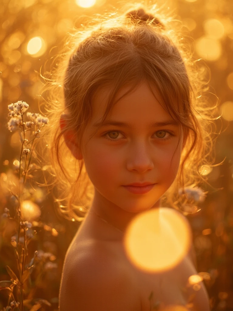 irish precious girl sleepy in cornfield with alien, nighttime, fireflies, closeup, cottoncandy, style of sally mann in color