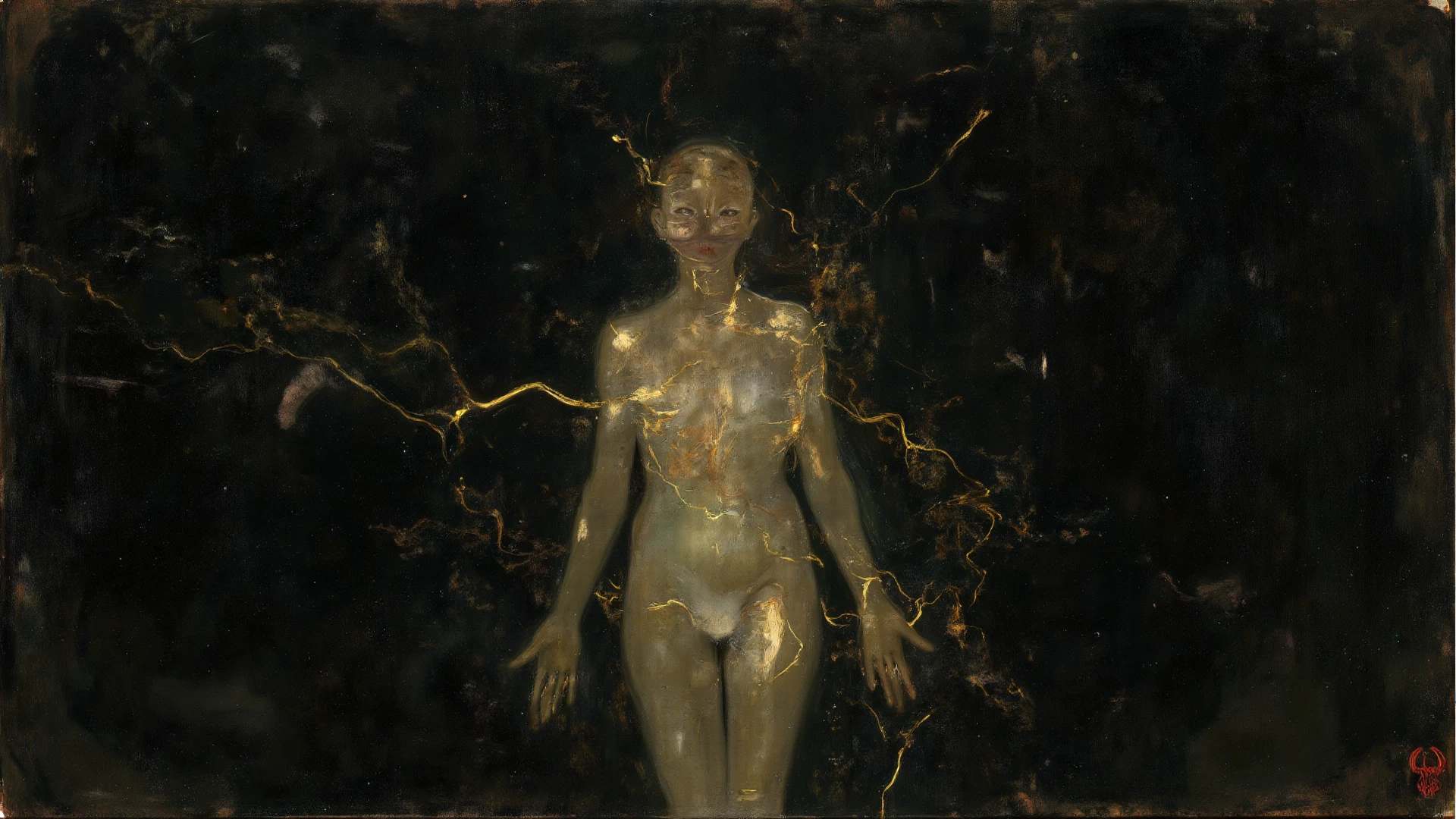 Surrealistic portrait: Create a full body portrait of a character by mixing realistic and surreal elements, (in the dark:1.6), portrait, fantasy art, realistic photo, dynamic lighting, artstation, poster, volumetric lighting, very detailed full body, 4 k, award-winning, Fully Naked Pose, full body pose from Head to Full Thigh.