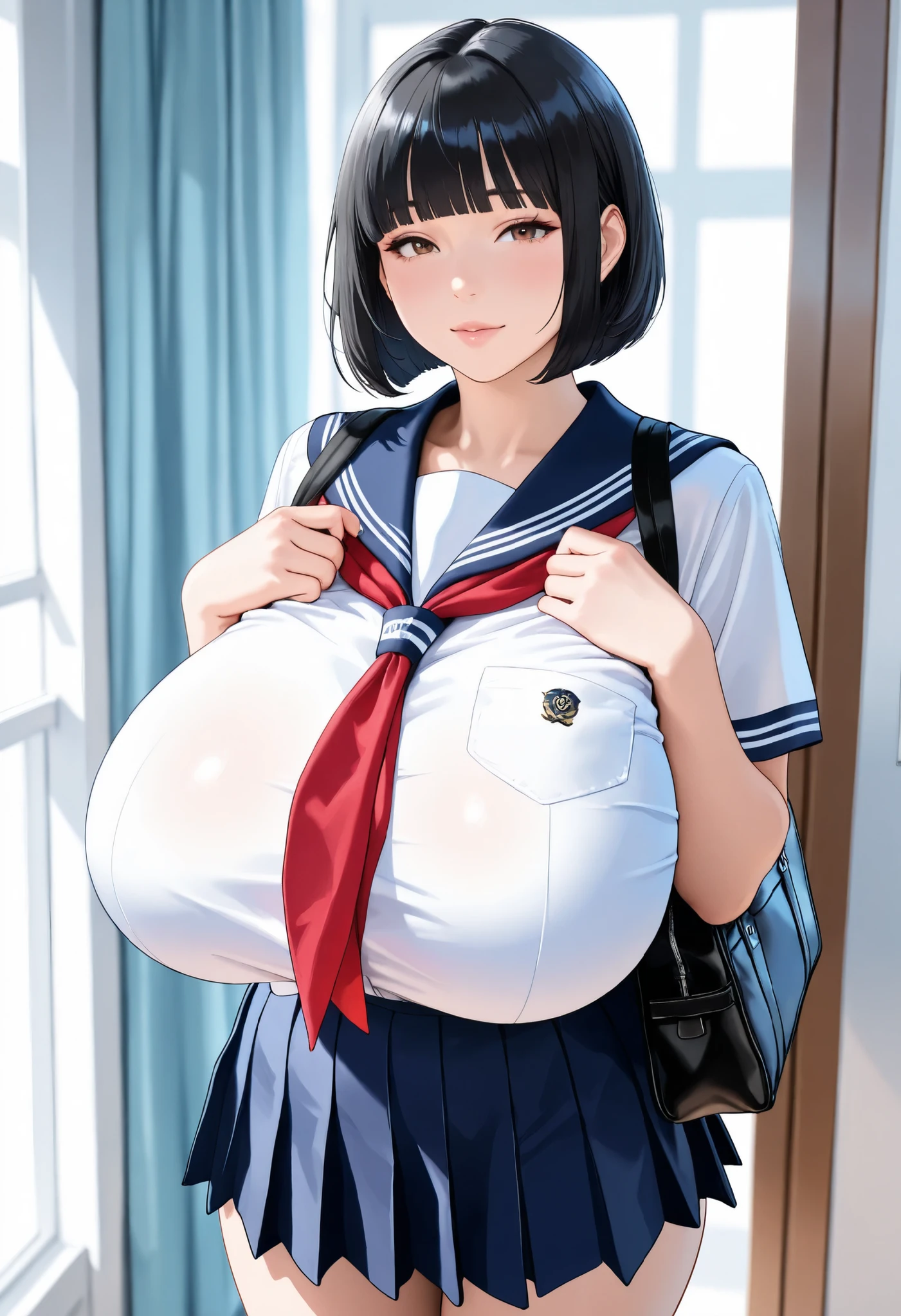Woman bob hair, (Huge boobs), polo shirt, school skirt, in school corridor, 
