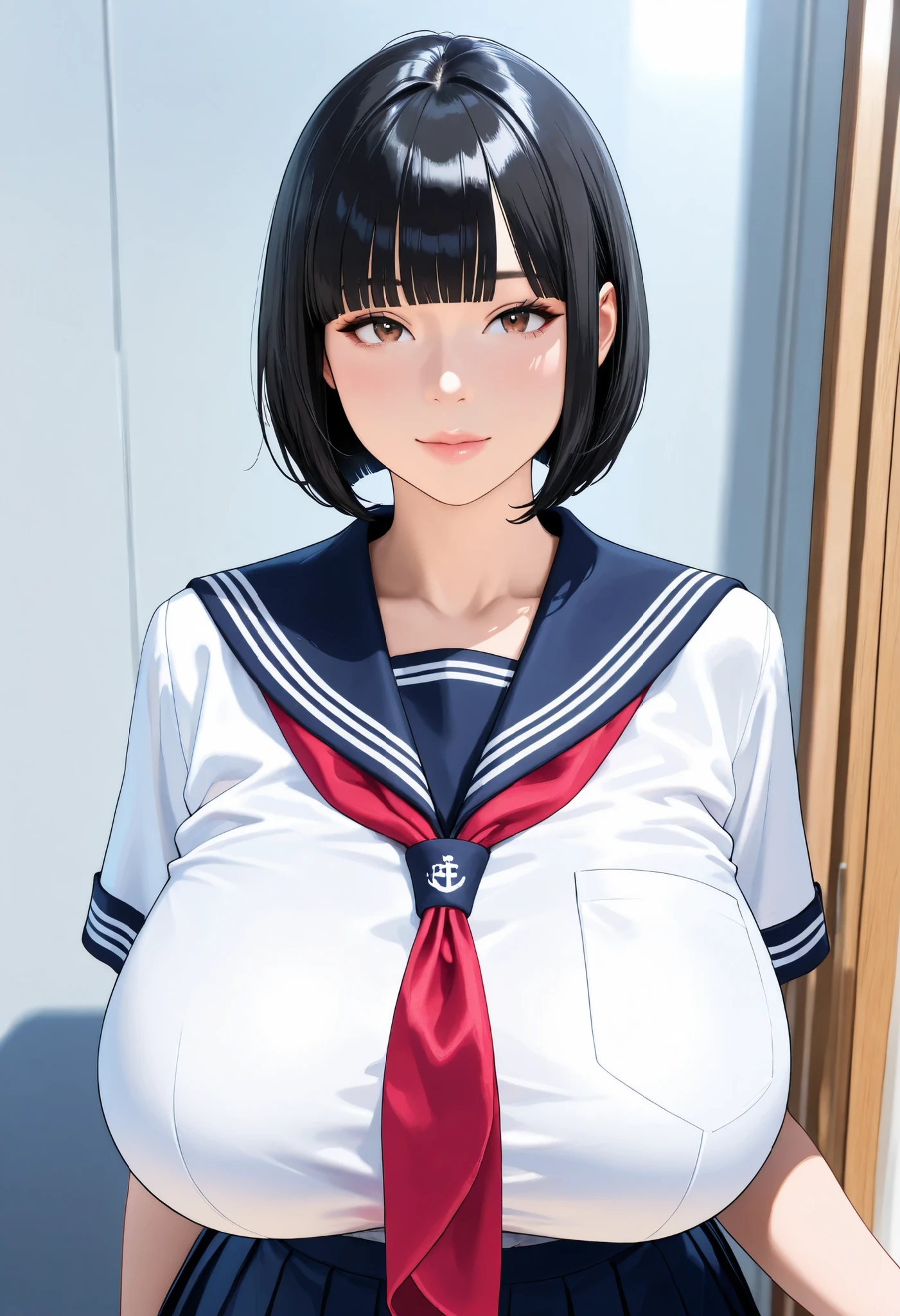 (masterpiece, details, top quality, 8K, [realistic], absurd:1.2), Japanese Women, 1 high school girl, beautiful character design, Plain face, (black hair, middle hair, bob cut, blunt bangs),  美しくdetailsな目の描写, expressive eyes, brown eyes, Japanese woman who likes to be lewd, No expression, (school uniform:1.2,  navy blue sailor skirt), (voluptuous bust:1.3, saggy huge breasts:1.2), standing