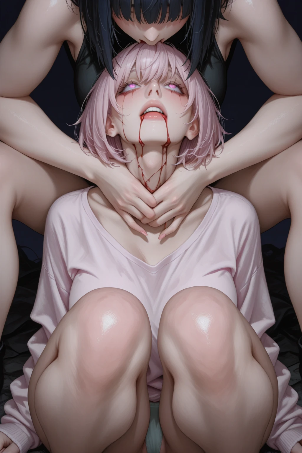 One Girl、naked、wrist cut marks、Dark circles in the eyes、bandage、Prostration、Despairing face、There is bleeding、View from above、Pee、Bukkake、Dripping semen from pussy