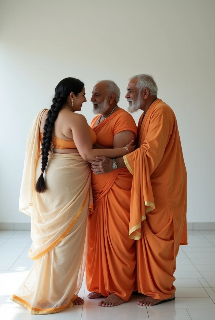 The two older Indian grandfathers hugg and kiss very young Indian woman .they wearing only sarong and topless,they living bed