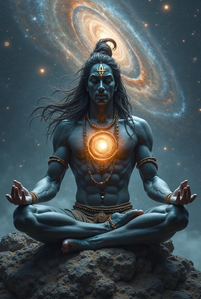 Spiritual yogi having long hair and beard enlightenment with kundali mascular powerful third eye , look like shiv the gid of yoga and destroyer meditating in the universe , having 7 chakra amd 3 eye open 