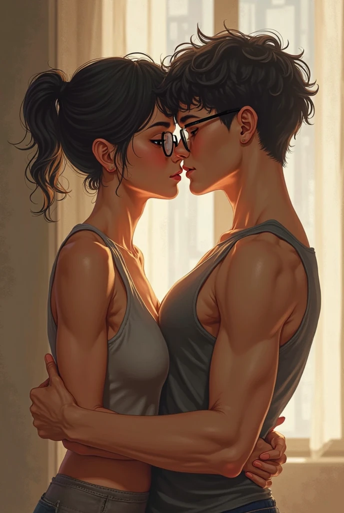 Amazing portrait of a sexy woman with her messy bun hair tied in a black hairband wearing alluring earrings and black v-neck t-shirt kissing and making out passionately with a shirtless boy on the bed in an intimate setting