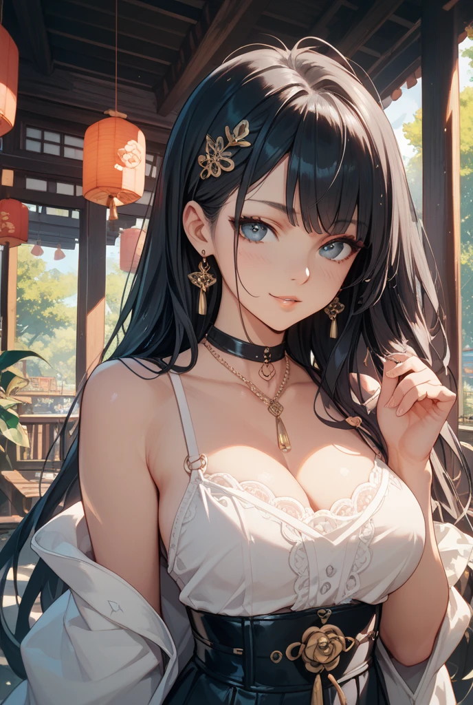 A Korean game-style girl, solo on an outdoor stage, looking up at the audience with a pitiful expression, long black hair cascading over her shoulders, adorned with a long hair shawl. spending the night in the park 怪u style, cat-ear-shaped hair on top of her head twitched gently, adding a playful touch to her demeanor. Her delicate facial features were accentuated by her slender upper body, big chest enclosed by a black, form-fitting dress, revealing bare shoulders and arms, which were dotted with goose bumps and beads of sweat. Her snow-white skin, even in its vulnerability, shone under the