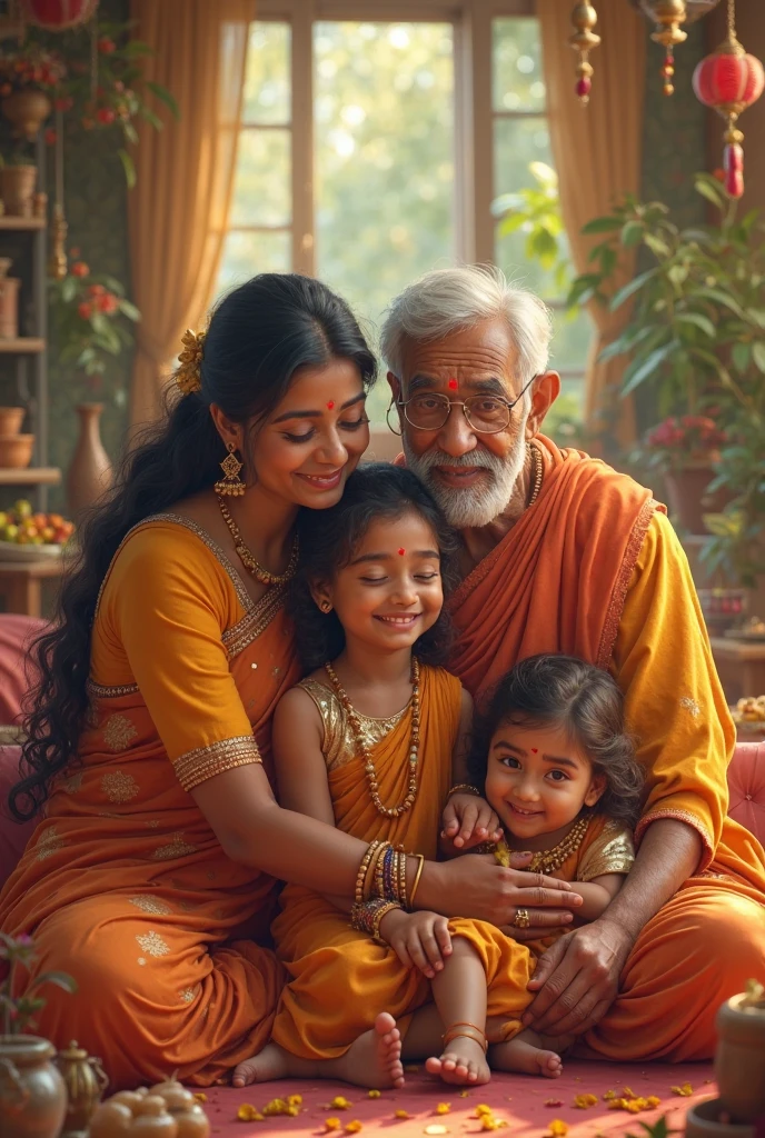 generate an image a sitting  father and mother discussing in hut with there 30 years  old daughter name Ada ada is wearing gale and bead
