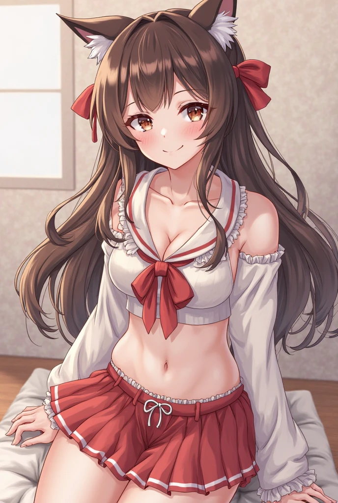 masterpiece, best quality, (kunikida hanamaru:0.999), (long hair:0.888), (breasts:0.878), (brown hair:0.875), (looking at viewer:0.699), (large breasts:1.0), Blush, Closed mouth, cheerleader , strapless,midriff, cowboy shot, cleavage, arms behind back, crotch
