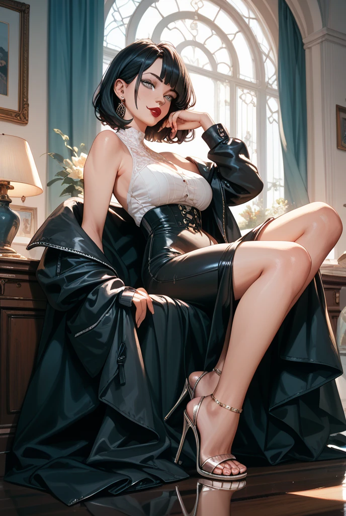 Full body image, Persona 5 tae Takemi, short black hair (short hair 1.6), narrow face, Narrow Eyes, Double eyelids, Wearing a doctors lab coat, black short dress (black dress 1.4), dog collar necklace, black plateau sandals with straps, Looking at Viewer, (Detailed Face), sitting (sitting 1.4), Bust, Long Legs, Thin Waist, Buttocks, Ultra Fine Makeup, ultra fine clothes, beautiful attractive woman, highly detailed, (Realistic lighting, Top Quality, 8K, Masterpiece: 1.3)),(High Resolution), (8K), (Very Detailed), (Best Quality), (Ultra Detailed), (Masterpiece), ultra high resolution, (photorealism: 1.4)