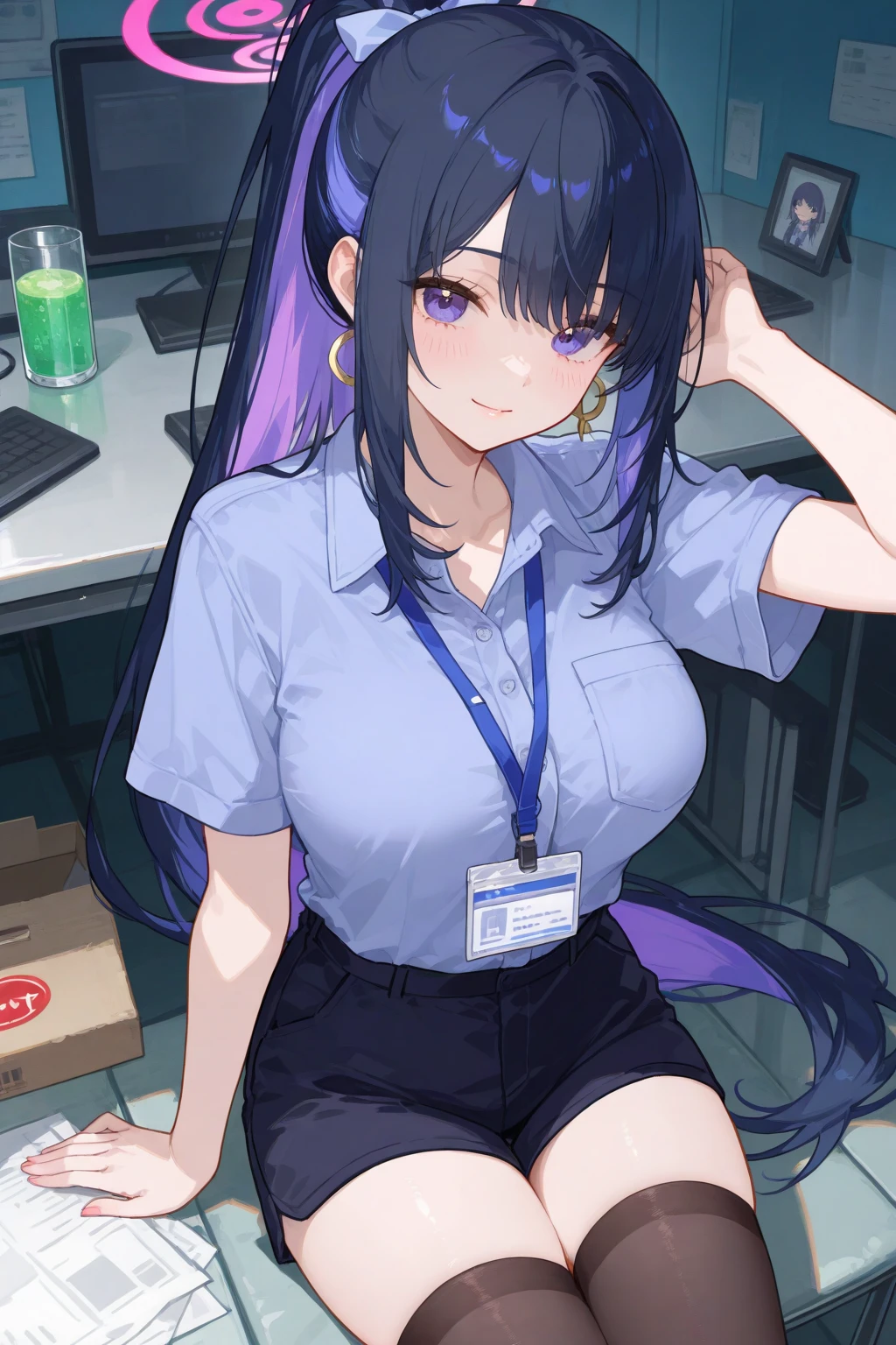 (masterpiece:1.37), best quality, (extremely detailed:1.37), woman, mature, adult, large breasts, very long hair, (straight hair:1.5), dark purple hair, purple eyes, (extremely detailed eyes:1.37), business suit, necktie, (long pencil skirt:1.5), pantyhose, desperation, wetting self, standing, embarrassed, humiliation, blushing, angry, city, futuristic, neon lighting, high-tech, street