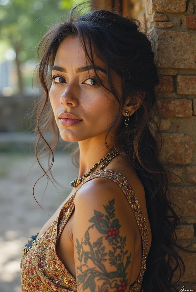 Mulher sozinha, branca, tatuagens, linda, pelada, ar livre, celular, de frente