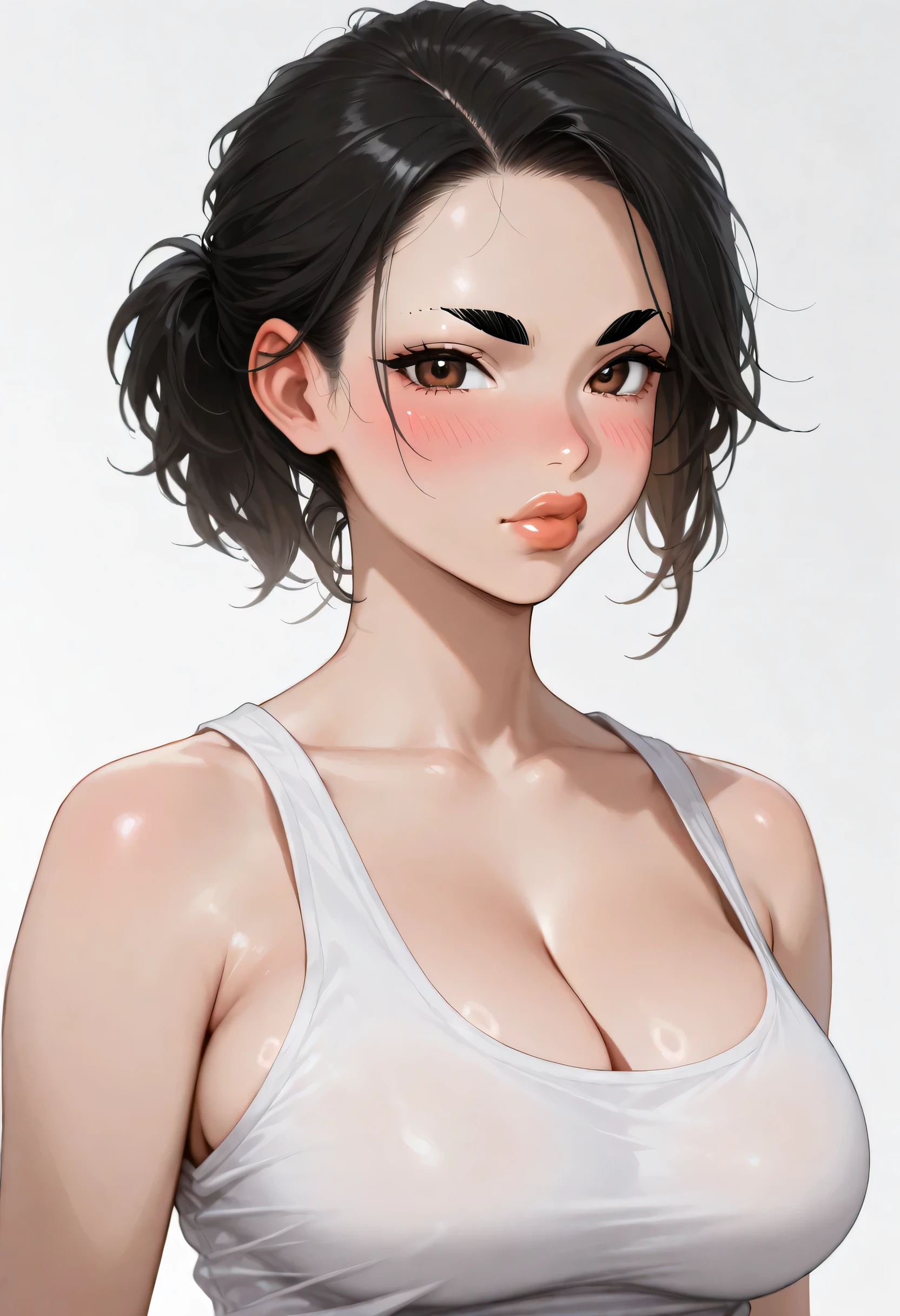 beautiful girl,  long black hair, bangs, rounder face, droopy nose tip, small round red lips, round cheeks, intense dark round asian eyes, beauty spot above eyes, average body, slim upper body, chubby legs, soft stomach, short body height, flat body, ((upper body portrait)), ((nude)), solid white background, extremely exaggerated wide open mouth grin, maniac laugh, comical laugh, eyes turned up, taken from top, 