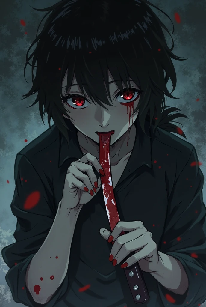 Man with white skin without eyelids with a cut smile licking a bloody knife wearing a white hooded sweatshirt stained with blood and black pants with medium long hair quite attractive sitting on a bench looking like anime type