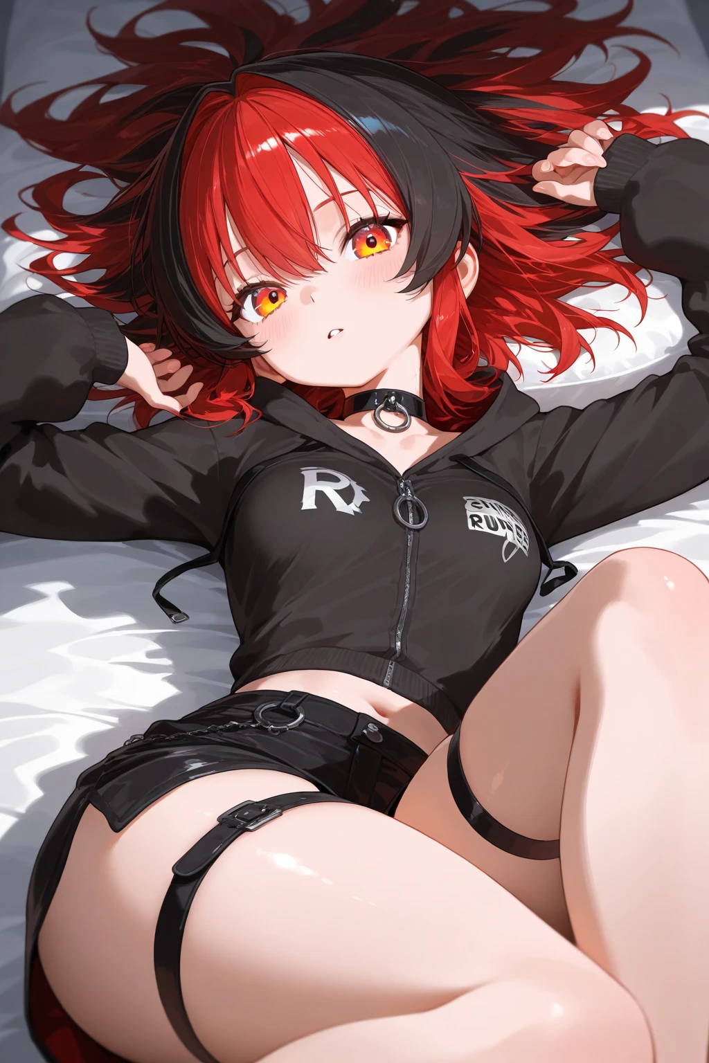 Beautiful girl, one, anime, ginger, bed, girlfriend, goth, hoodie, panties, choker