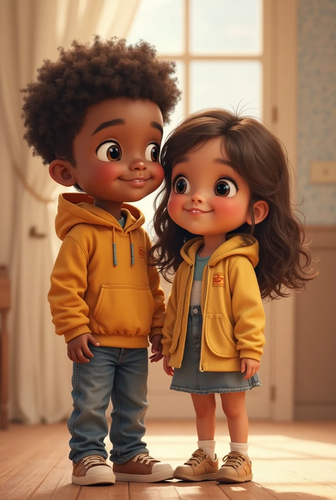 Photorealism Short white girl with long black hair wearing glasses with a tall chubby dark-skinned boy with a round face