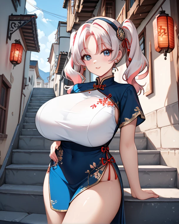 (best quality), (masterpiece), 1 girl, early 20's, huge heavy breasts, busty, massive breasts, thick, thick lips, wide hips, thin waist, Thigh highs, floral print corset, metal corset, pleated micro skirt, undersized bra, silver trim, in town square