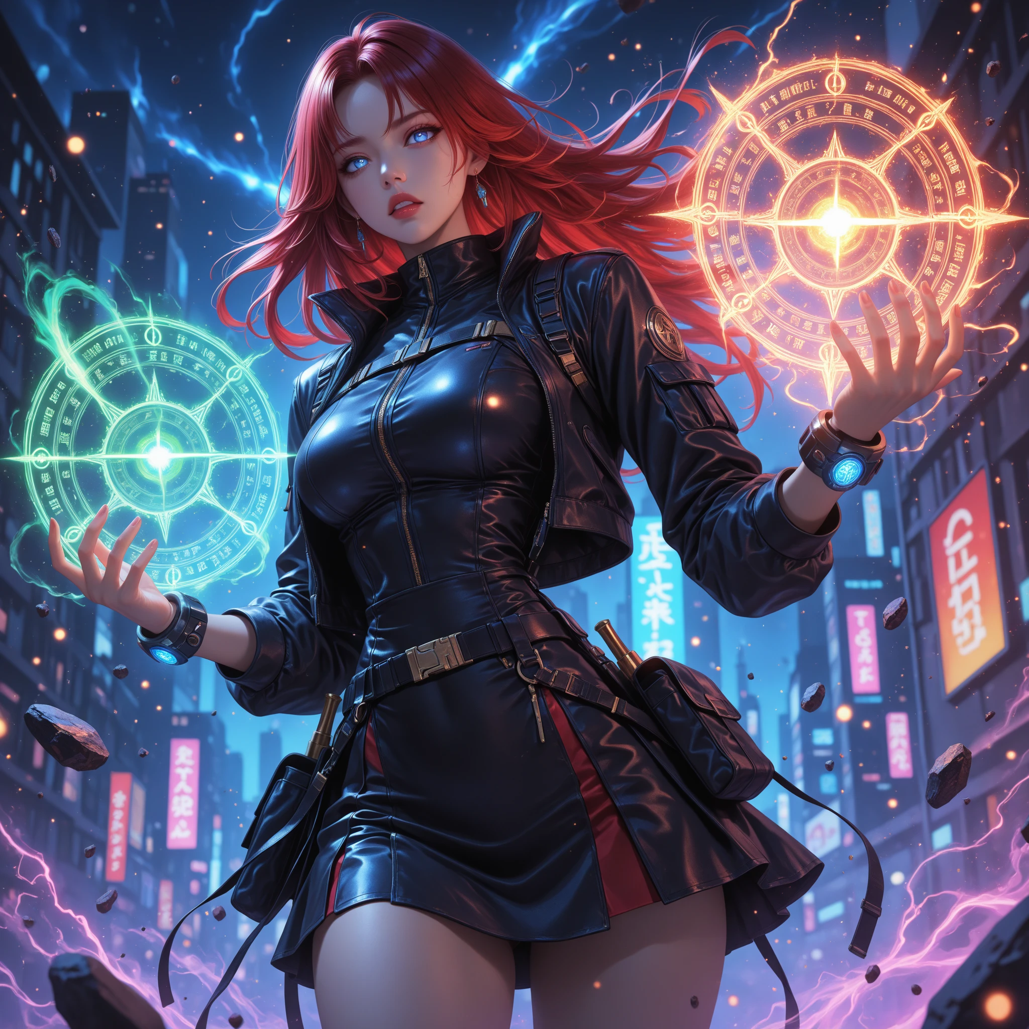 (masterpiece), (ultra realistic), (8K RAW), cinematic cyber-fantasy lighting, dramatic glowing spell FX, dynamic mid-waist-up composition, intense energy particles, detailed cyber gear, high contrast and depth, shallow depth of field
A gorgeous and busty Korean female Force Blader floats gracefully mid-air in a glowing Cabal-style high-tech city at night. Her long dark red hair with golden-blonde tips (gradient red-gold) flows weightlessly behind her, reacting to the rising energy. Her sharp blue eyes burn with focused intensity, framed by a flawless oval-shaped face, no visible bone structure, and small, sharp lips set in a serious, commanding expression.
She wears a sleek black tactical crop jacket with glowing deep green trims, left unfastened to reveal her curvy waist and large bust. A matching mini skirt with green glow-seamed edges completes the outfit, perfectly fitted for both battle and style.
In her right hand, she holds a single glowing Force Blade — the iconic dual-edge blade from Cabal — half-materialized and surging with green cyber energy. Her left hand, wearing a wrist-mounted orb device, is extended toward the sword. The orb glows brightly, unleashing a spiraling digital magic circle that feeds directly into the blade — energy lines connect both hands in real-time like a system charge or skill enhancement animation.
Background: sleek neon-lit buildings, glowing conduits on black metal, flickering magic-tech signs, and digital particles floating in the air. No debris or dust. Behind her, glowing runes pulse subtly from city walls and air circuits. Energy turbulence swirls around her legs as she levitates in still focus.
Mood: intense, elegant, unshakably powerful — the moment before the Force Blader unleashes a devastating empowered strike, hovering like a war goddess merged with code.