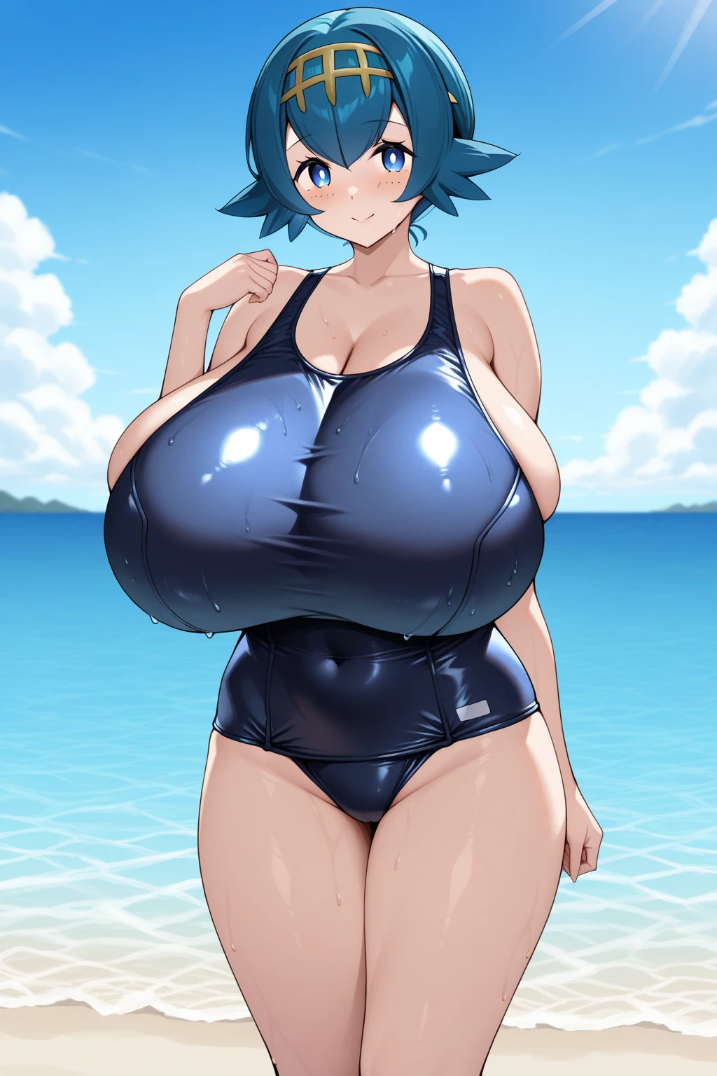 High resolution, Dragon Ball, Bulma, 1girl, ((bimbo))), short blue hair, blue eyes, puffy lips, thick lips, wide hips, thick thighs, huge round fake breast, huge ass, sexy flirty face, shiny skin, sexy legs, breasts squeezed together, white micro bikini, beach, looking down, camel toe, perky nipples,