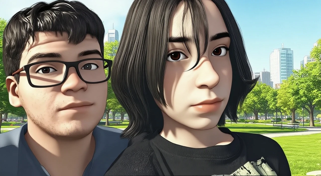 self-shot,A couple,Upper body photo,girl wearing spectacles,Cake in hand,Makoto Shinkai anime,