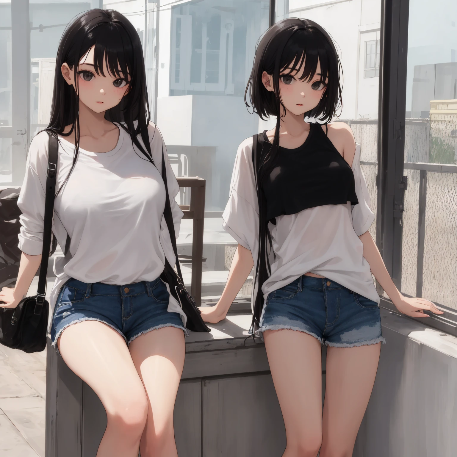 ((Highest quality, masterpiece, freak, Super Resolution)), ２People Girls、Sitting on the steps in front of the station、 Spread your legs、blush、from the front、Denim tight mini skirt、Black and white lace panties、 Black and white lace bra
