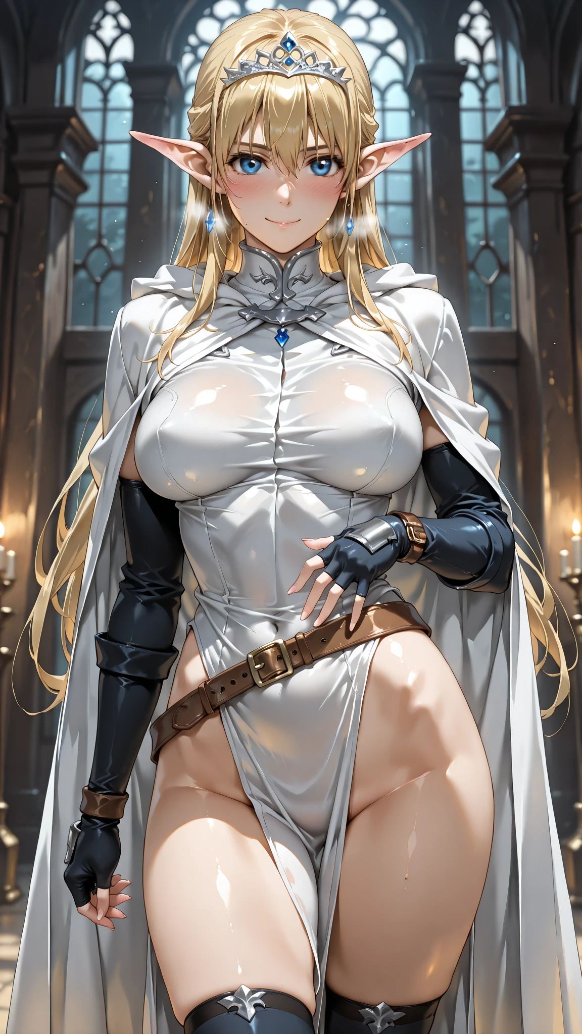 ((tall, beautiful, gorgeous young girl has ice queen)) ((seductive gaze)) (()) ((intense blue eyes)), ((dark eyeshadows make up)) ((red lips)) ((very long blonde hair)) ((big breast)) ((skinny body:1.3)) ((wear long sleeve corset bra,  white tiny thong, bottom with silver ornament, long white fluffy cape, scarf, gloves, magnificent crown, jewelry)) ((white stocking)) ((very sexy and relaxed pose)) ((inside ice palace, covered with snow and snow particles floating around)) ((full white snow has background covered with snow))((high definition:1.5), ((masterpiece:1.5))((8k:1.5)) ((Best quality:1.4)), more_details:-1, more_details:0, more_details:0.5, more_details:1, more_details:1.5, 